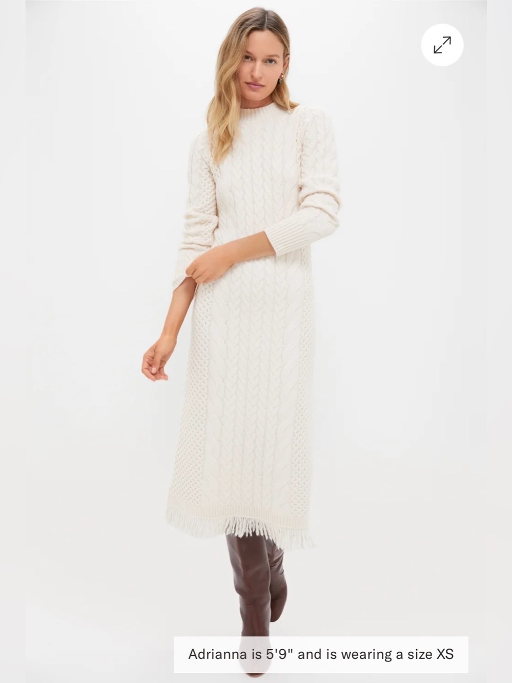 Hyacinth House Cream Freya Fringe Cable-Knit Long Sleeve Sweater Dress | size S